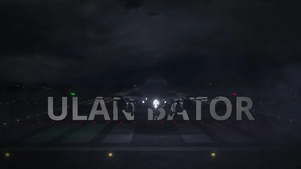 ULAN Teks BATOR dan pesawat komersial lepas landas dari landasan pacu bandara di malam hari, 3d render — Stok Foto