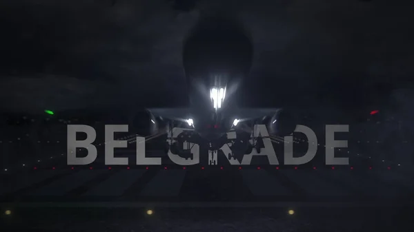 Літак, що злітає з аеропорту з назвою міста BELGRADE, 3d рендеринг — стокове фото