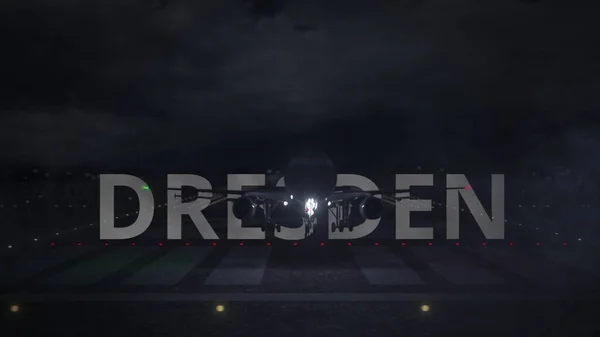 Aereo in decollo dall'aeroporto e il nome della città DRESDEN. rendering 3d — Foto Stock