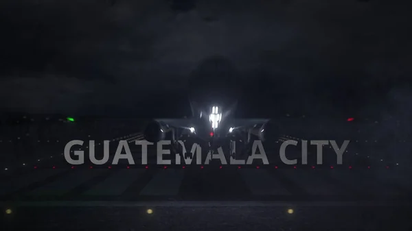 GUATEMALA Stadtname und Flugzeug, das nachts vom Flughafen abhebt. 3D-Darstellung — Stockfoto