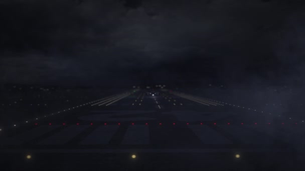 LJUBLJANA 텍스트 및 상업 비행기 밤에 공항 활주로에서 이륙 3d 애니메이션 — 비디오