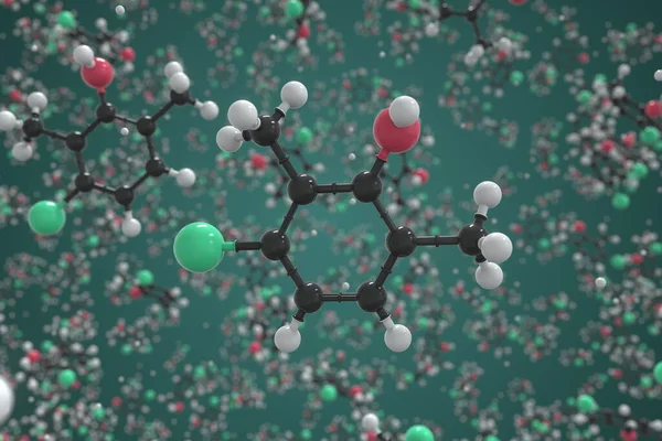 Paraklorometaxylenol molekülü, top ve sopa moleküler modeli. Bilimsel 3D görüntüleme — Stok fotoğraf