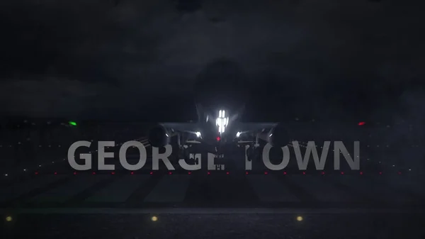 GEORGE TOWN nome della città e l'aereo decollare dall'aeroporto di notte. rendering 3d — Foto Stock