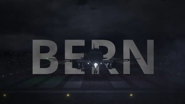Самолет взлетает из аэропорта и название города БЕРН. 3d-рендеринг — стоковое фото