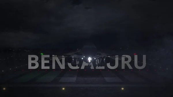 Plane taking off from the airport and BENGALURU city name. 3d rendering — Stok Foto