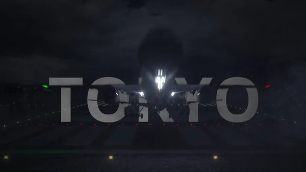 Avión despegando de la pista de aterrizaje del aeropuerto y el nombre de la ciudad de TOKYO, 3d rendering — Foto de Stock