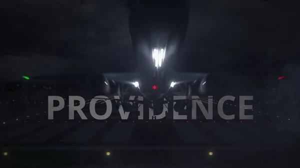 Aereo in decollo dall'aeroporto con il nome della città PROVIDENCE, rendering 3d — Foto Stock