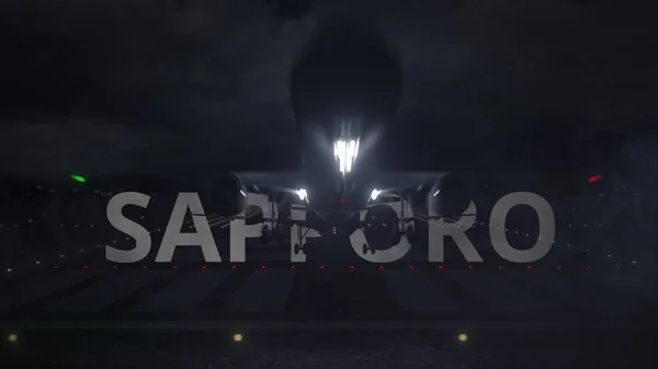 SAPPORO text a obchodní letadlo vzlétá z letištní dráhy v noci, 3d vykreslování — Stock fotografie