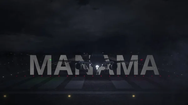 Avião comercial decolando da pista do aeroporto e texto MANAMA, renderização 3d — Fotografia de Stock