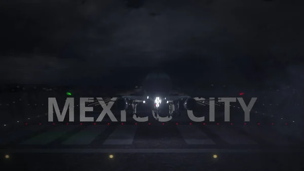 Εμπορικό αεροπλάνο απογειώνεται από το αεροδρόμιο διάδρομο και MEXICO κείμενο της πόλης, 3d απόδοση — Φωτογραφία Αρχείου