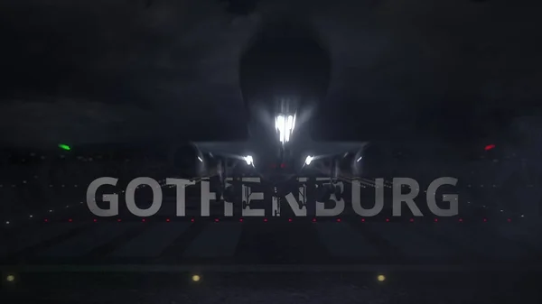 GOTHENBURG název města a letadlo vzlétá z letiště v noci. 3D vykreslování — Stock fotografie