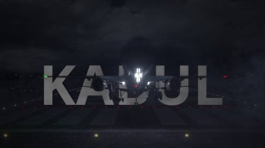 Plane taking off from the airport and KABUL city name. 3d rendering clipart