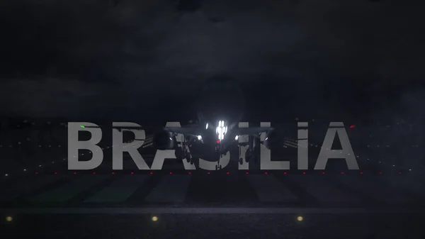 BRASILIA text and commercial aircraft taking off from the airport runway at night, 3d rendering — 图库照片