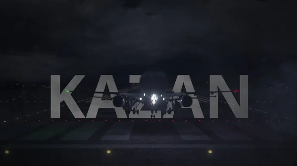 KAZAN testo e aereo commerciale decollare dalla pista dell'aeroporto di notte, rendering 3d — Foto Stock
