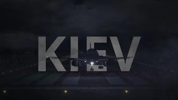 Flugzeug, das von der Landebahn des Flughafens abhebt und Kiewer Stadtname, 3D-Rendering — Stockfoto
