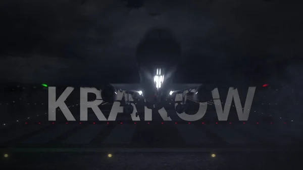 Letadlo vzlétající z letiště s názvem města KRAKOW, 3D vykreslování — Stock fotografie