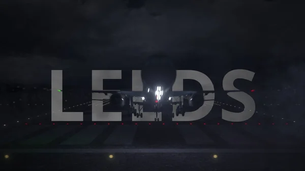 LEEDS testo e aereo commerciale decollare dalla pista dell'aeroporto di notte, rendering 3d — Foto Stock