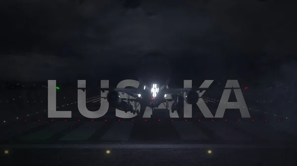 Aereo in decollo dall'aeroporto e nome della città LUSAKA. rendering 3d — Foto Stock