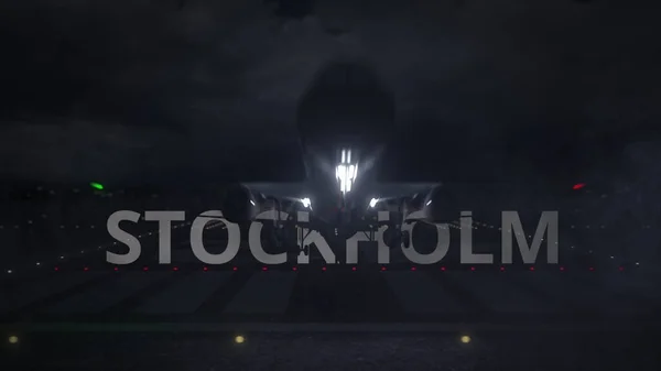 STOCKHOLM texto e avião comercial decolando da pista do aeroporto à noite, 3d renderização — Fotografia de Stock