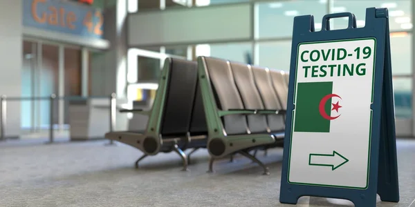 COVID-19 probando texto y bandera de Argelia en un letrero de tablero sándwich en la terminal del aeropuerto, renderizado 3D —  Fotos de Stock