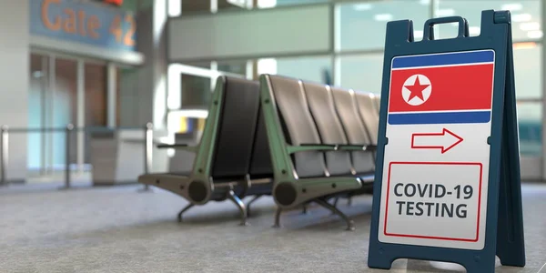 COVID-19 testtekst en vlag van Noord-Korea op een sandwichbord in de terminal van de luchthaven, 3D-weergave — Stockfoto