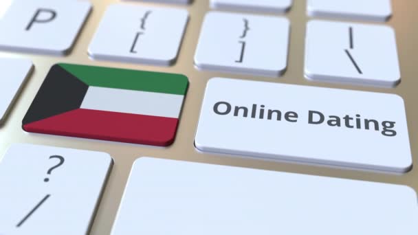 Текст онлайн-знакомств и флаг Kuwait на клавиатуре. Концептуальная 3D анимация — стоковое видео