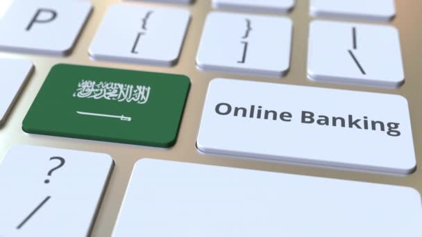 Банковский текст и флаг Саудовской Аравии на клавиатуре. Концептуальная 3D анимация, связанная с финансированием Интернета — стоковое видео