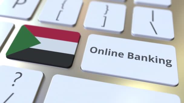 网上银行文字和苏丹国旗在键盘上。互联网金融相关概念3D动画 — 图库视频影像