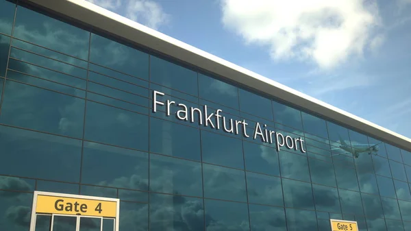 Décollage d'un avion commercial réfléchissant aux fenêtres avec texte de l'aéroport de Francfort, rendu 3d — Photo