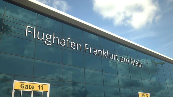 Décollage de l'avion réfléchissant dans les fenêtres modernes avec Flughafen Frankfurt am Main ou Francfort-sur-le-Main texte de l'aéroport, rendu 3d — Photo