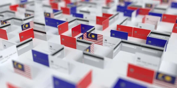 Fiktiva kreditkort labyrint med flagga Malaysia. Ekonomiska svårigheter i samband med 3D-återgivning — Stockfoto