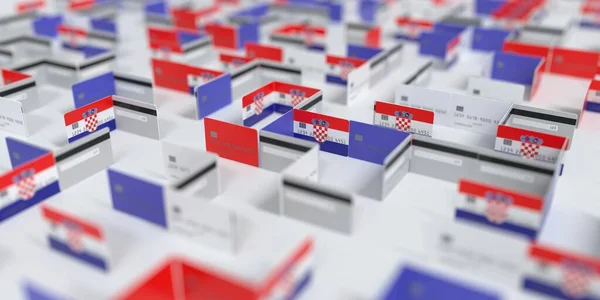 Flagga av Kroatien på mockup kreditkort labyrint. Ekonomiska problem i samband med 3D-rendering — Stockfoto