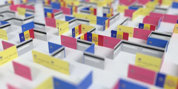 Fiktivní bludiště kreditních karet s vlajkou Andorry. Finanční potíže související 3D vykreslování — Stock fotografie