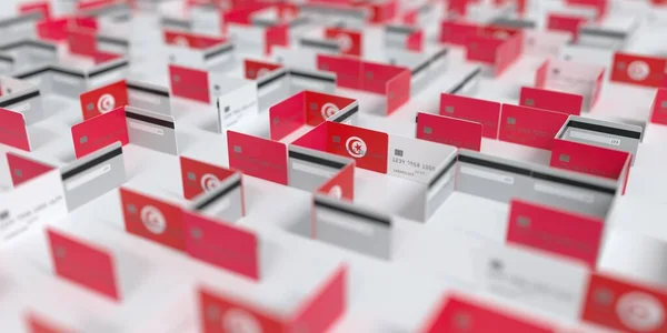 Bandera de Túnez en el laberinto de tarjetas de crédito maqueta. Problemas financieros relacionados con la representación 3D —  Fotos de Stock