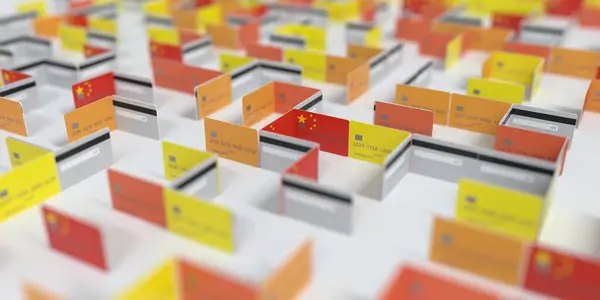 挂满中国国旗的虚拟信用卡迷宫。与3D渲染有关的财政困难 — 图库照片