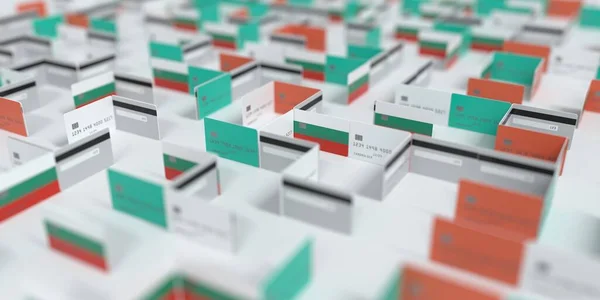 Laberinto de tarjetas de crédito ficticio con bandera de Bulgaria. Dificultades financieras relacionadas con la representación 3D — Foto de Stock