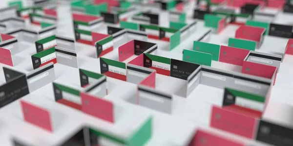 Fiktivní bludiště kreditních karet s vlajkou Kuvajtu. Finanční problémy související 3D vykreslování — Stock fotografie