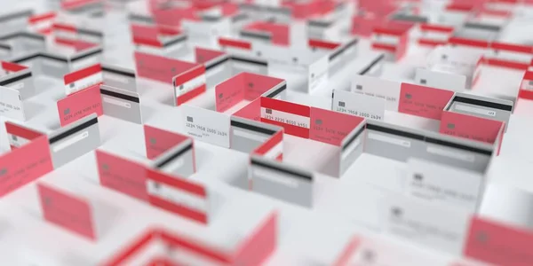Bandera de Austria en el laberinto de tarjetas de crédito maqueta. Dificultades financieras relacionadas con la representación 3D —  Fotos de Stock
