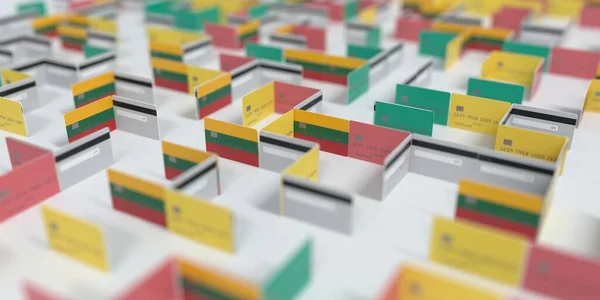模拟信用卡迷宫上的立陶宛国旗。与3D渲染有关的财政困难 — 图库照片