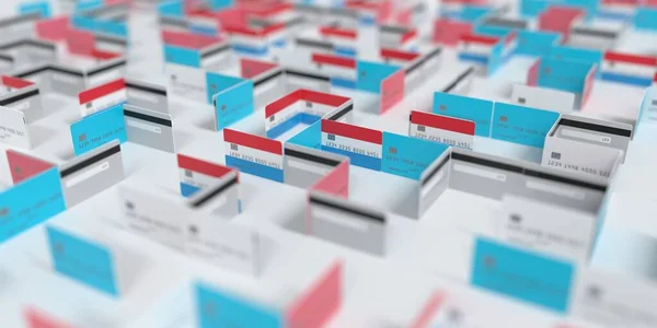 Laberinto de tarjetas de crédito ficticio con bandera de Luxemburgo. Dificultades financieras relacionadas con la representación 3D —  Fotos de Stock