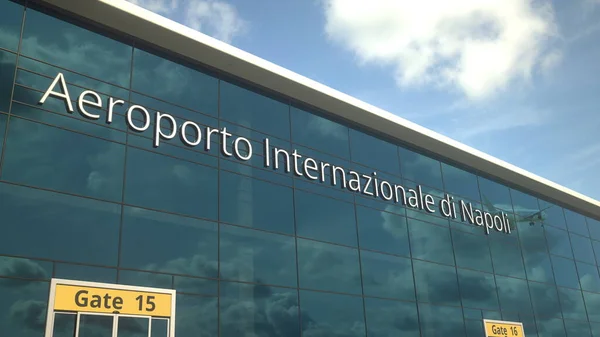 Verkehrsflugzeuge starten reflektierend in den Fenstern mit Aeroporto di Napoli oder Flughafen Neapel Text, 3D-Darstellung — Stockfoto