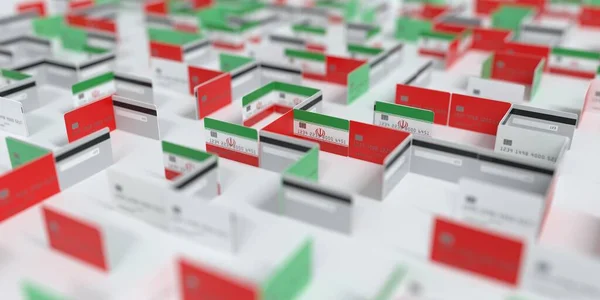 Flagge des Iran auf dem Labyrinth der gefälschten Kreditkarten. Finanzielle Schwierigkeiten im Zusammenhang mit 3D Rendering — Stockfoto