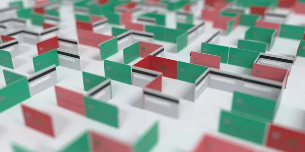 Флаг Марокко на макете лабиринта кредитных карт. Финансовые трудности, связанные с 3D рендерингом — стоковое фото