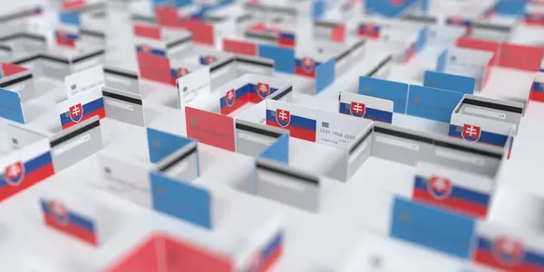Fictional credit card лабіринт з прапором Словаччини. Фінансові труднощі пов "язані з 3D-рендерингом — стокове фото
