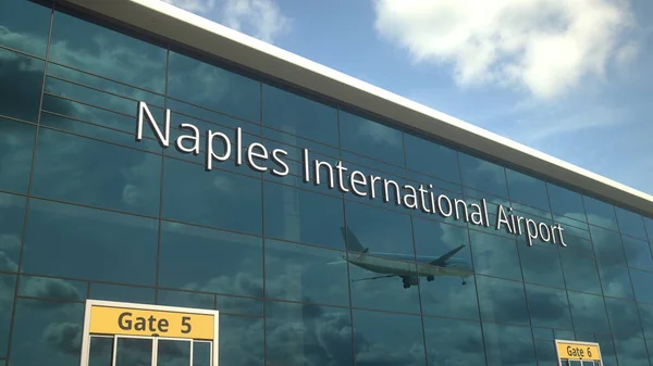 Avion commercial atterrissage réfléchissant dans les fenêtres avec le texte de l'aéroport international de Naples. Rendu 3d — Photo