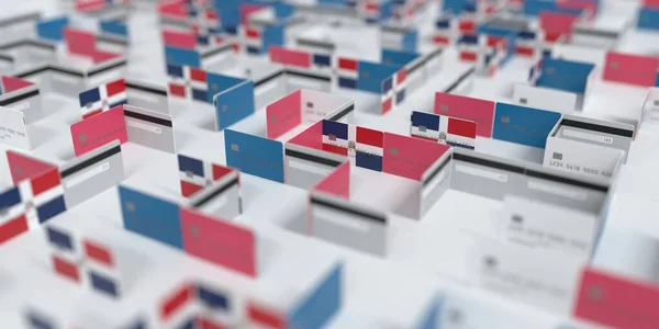 Drapeau de la République dominicaine sur le labyrinthe de cartes de crédit maquette. Difficultés financières liées au rendu 3D — Photo