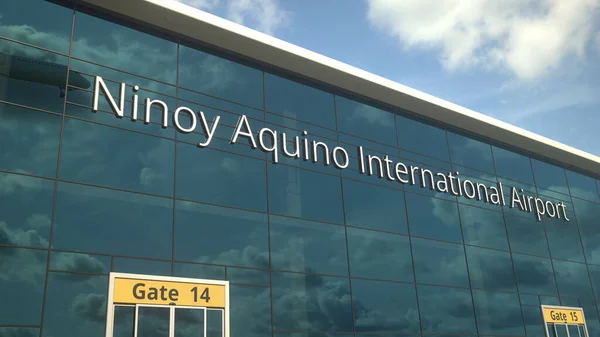 Atterrissage de l'avion de ligne réfléchissant dans les fenêtres avec le texte de l'aéroport international Ninoy Aquino. Rendu 3d — Photo