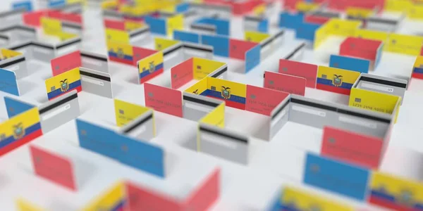 Bandera de Ecuador en el laberinto de tarjetas de crédito maqueta. Problemas financieros relacionados con la representación 3D — Foto de Stock