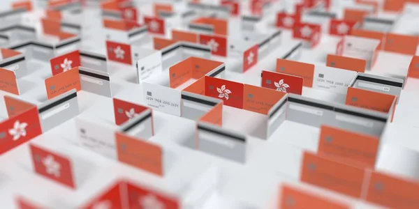 Laberinto de tarjetas de crédito ficticio con bandera de Hong Kong. Dificultades financieras relacionadas con la representación 3D —  Fotos de Stock