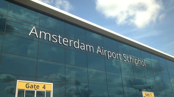 Avion de ligne atterrissage réfléchissant dans les fenêtres avec Amsterdam Airport Schiphol texte. Rendu 3d — Photo